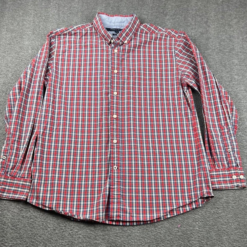 Tommy Hilfiger Men's Large Red Blue White Plaid Button Down Long Sleeve Shirt